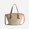 Sac panier beige en paille anses orange - 1