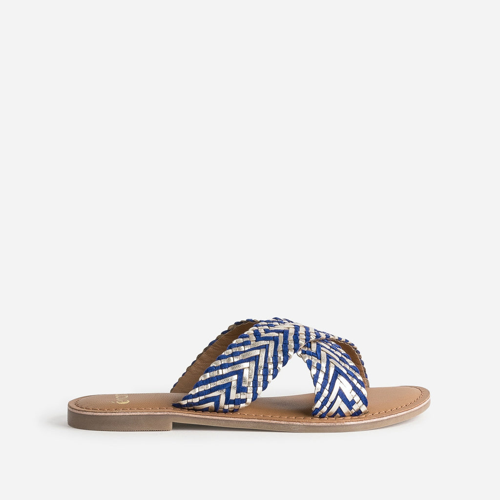 Mule dorée et bleue cuir tressé - 1
