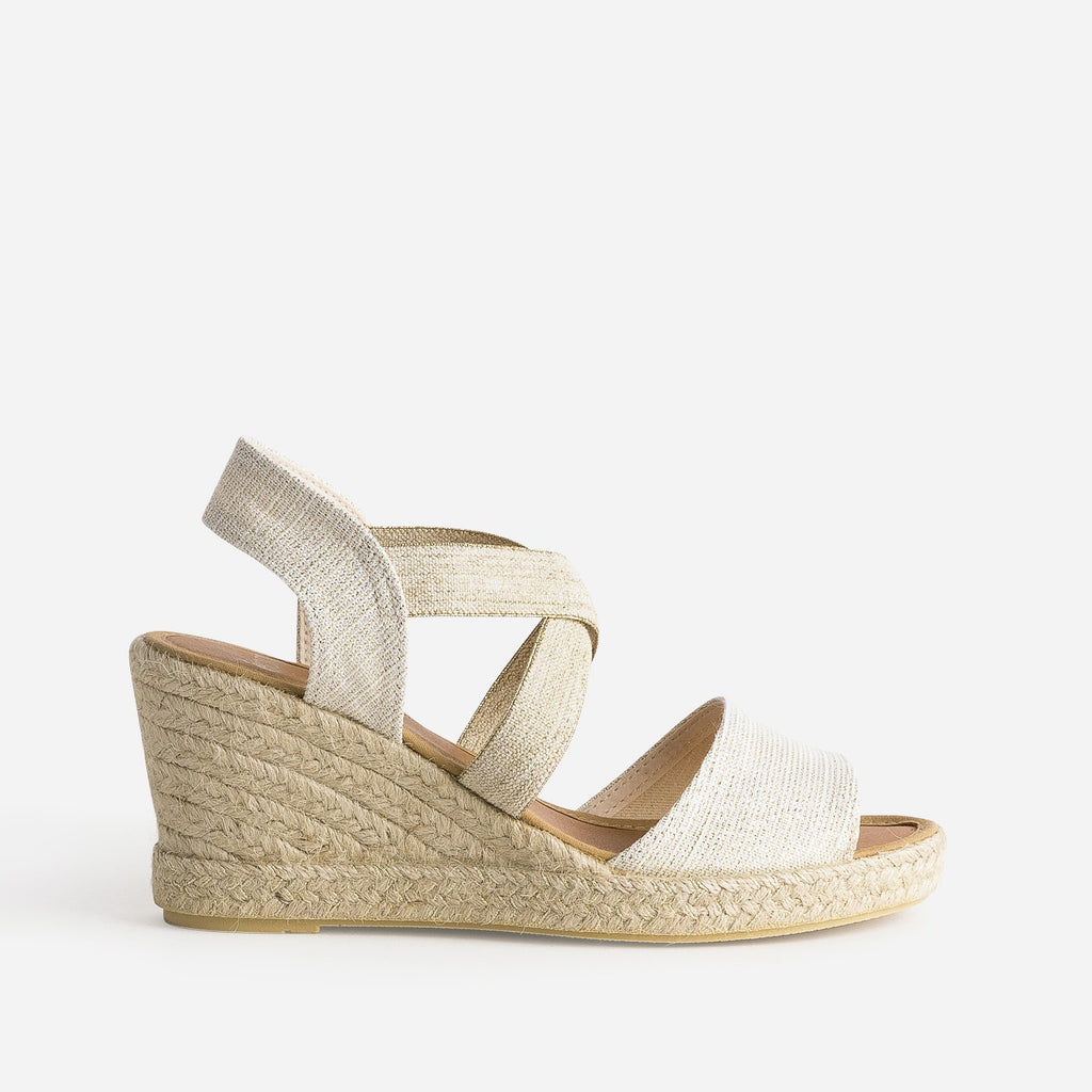 Sandale compensée beige dorée textile en cuir éco-conçu - 1