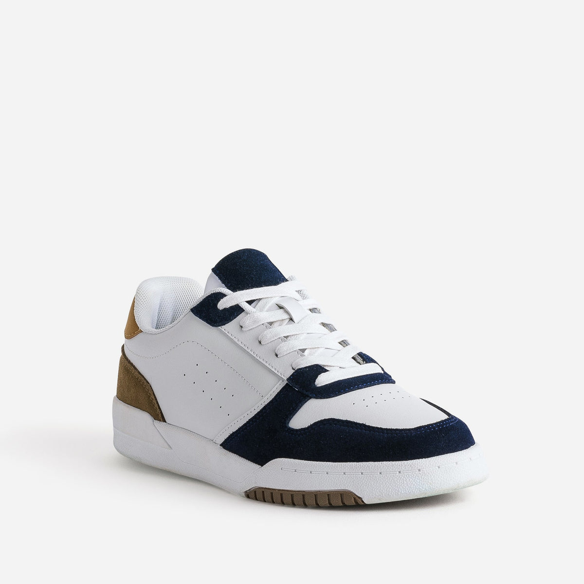 Tennis blanche cuir découpes marine et beige - 2