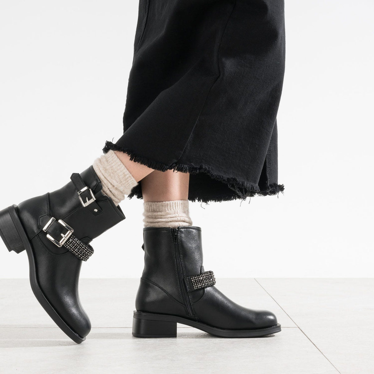 Boots motard TEXTO noir bride décor strass - 2
