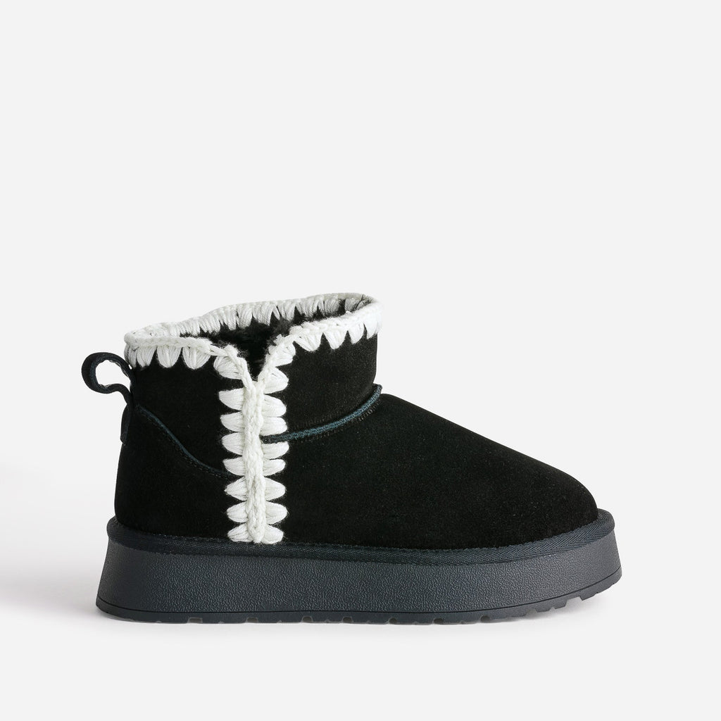 Boots noir cuir velours fourré semelle plateforme - 1