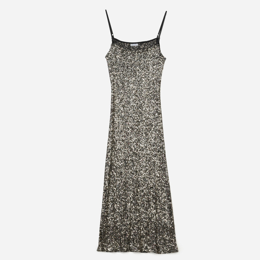 Robe longue TEXTO noire sequins argentés - 1